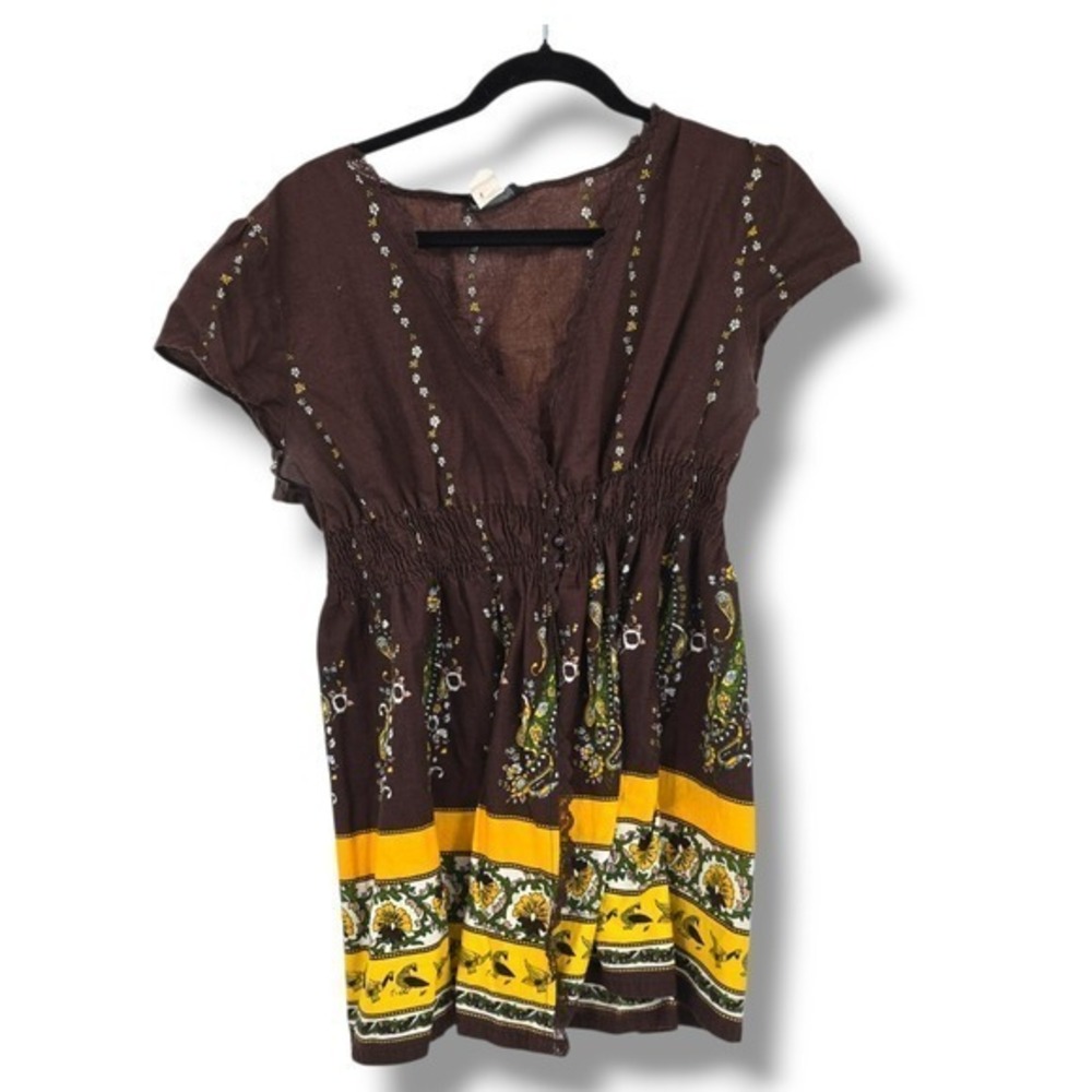 NY Invasion‎ Floral Paisley Blouse Brown V-Neck Short Sleeve Top Y2K Vintage 1X
